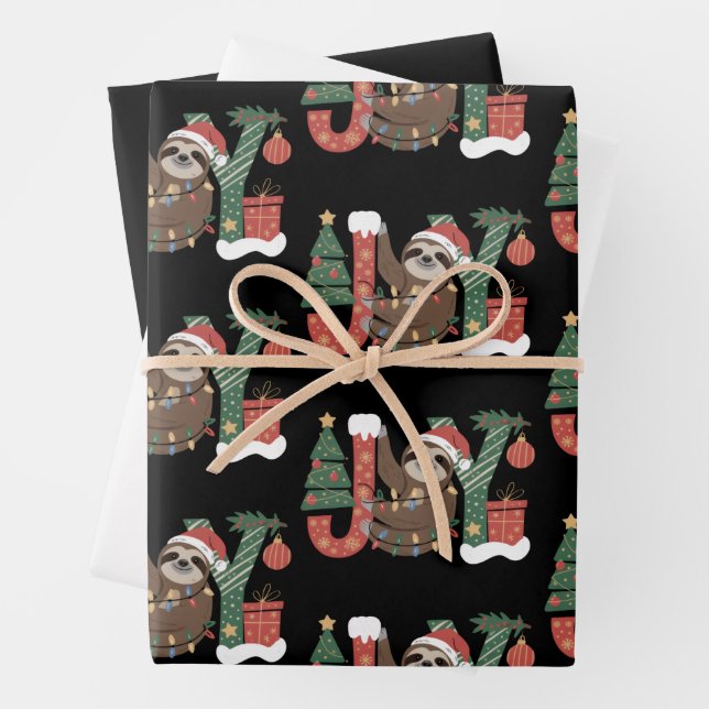 Christmas Sloth Holiday Tree Gifts Joy Cute Funny Wrapping Paper Sheet (In situ)