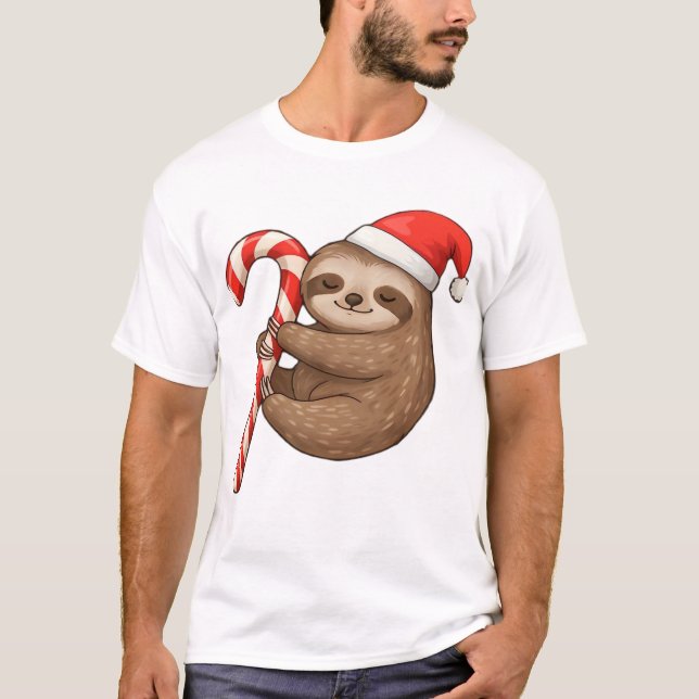 Christmas Sloth Hugging Candy Cane Classic T-Shirt (Front)