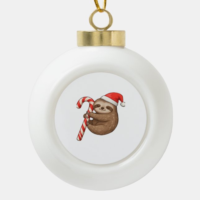 Christmas Sloth Hugging Candy Cane Classic T-Shirt Ceramic Ball Christmas Ornament (Front)