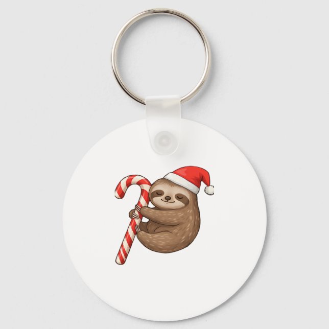Christmas Sloth Hugging Candy Cane Classic T-Shirt Key Ring (Front)