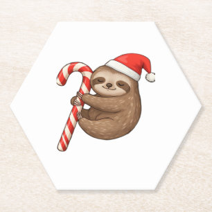 Christmas Sloth Hugging Candy Cane Classic T-Shirt Paper Coaster