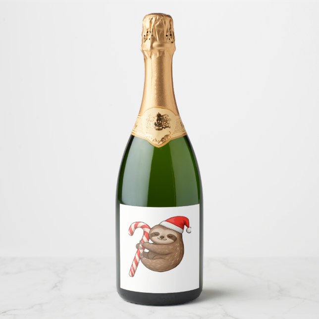 Christmas Sloth Hugging Candy Cane Classic T-Shirt Sparkling Wine Label (Front)