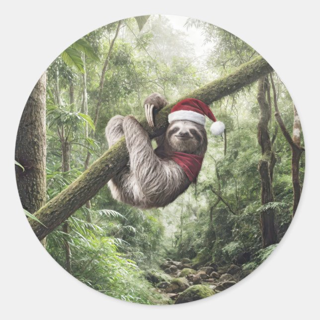 Christmas Sloth In Rainforest Classic Round Sticker (Front)