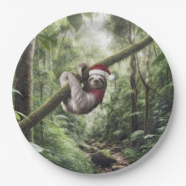 Christmas Sloth In Rainforest Paper Plate (Front)