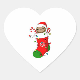 Christmas Sloth In Stocking Heart Sticker