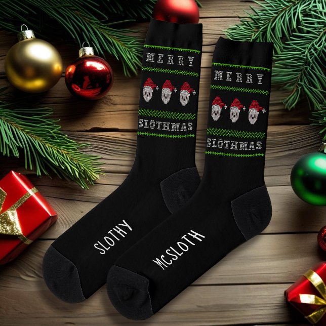 Christmas Sloth Merry Slothmas Funny Festive Socks (Merry Slothmas! Tis the season to do not much at all. Slothy McSloth Socks gives you permission)