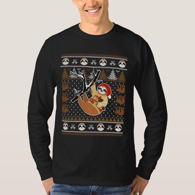 Christmas Sloth Santa Hat Cute Ugly T-Shirt (Front)