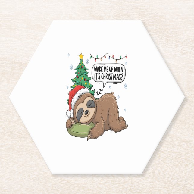 Christmas Sloth Wake Me Up Holiday Nap Paper Coaster (Front)