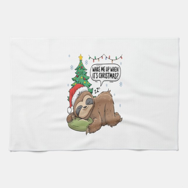 Christmas Sloth Wake Me Up Holiday Nap Tea Towel (Horizontal)