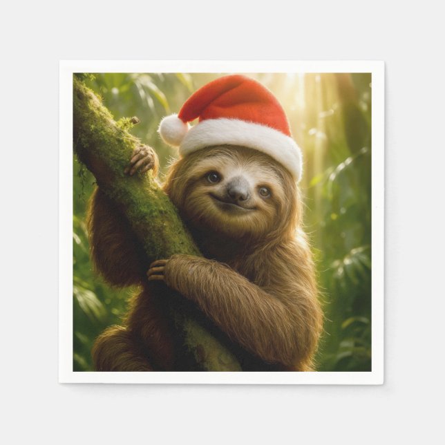 Christmas Sloth Wearing a Santa Hat Napkin (Front)