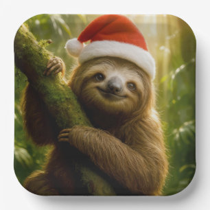 Christmas Sloth Wearing a Santa Hat Paper Plate