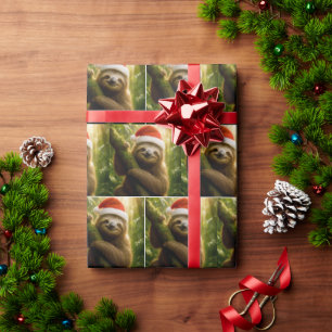 Christmas Sloth Wearing a Santa Hat Wrapping Paper