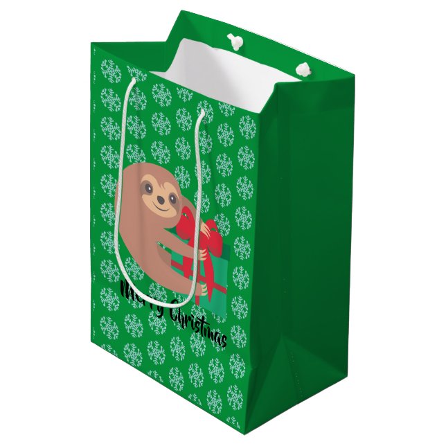 Christmas Sloth with Gift Green Snowflake Medium Gift Bag (Front Angled)