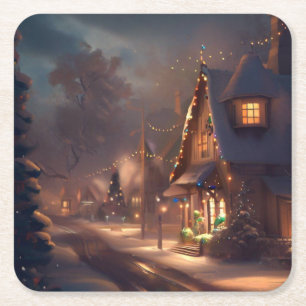 Christmas Small Town 2 Square Paper Coaster