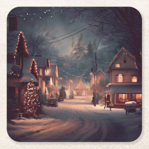 Christmas Small Town 3 Square Paper Coaster