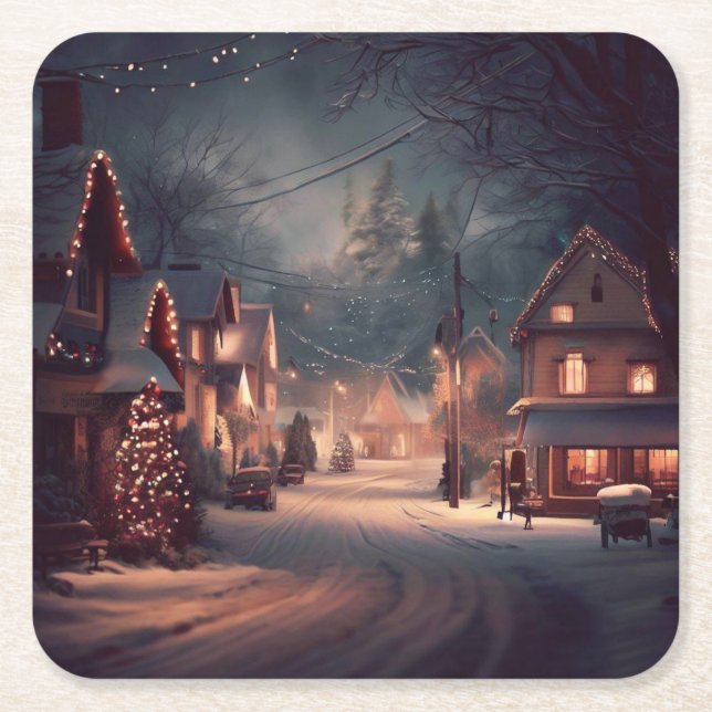 Christmas Small Town 3 Square Paper Coaster (Front)