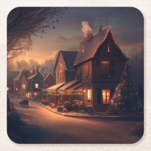 Christmas Small Town 6 Square Paper Coaster