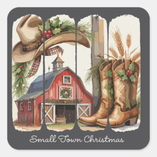 Christmas Small Town Retro Western Cowgirl Boots Square Sticker