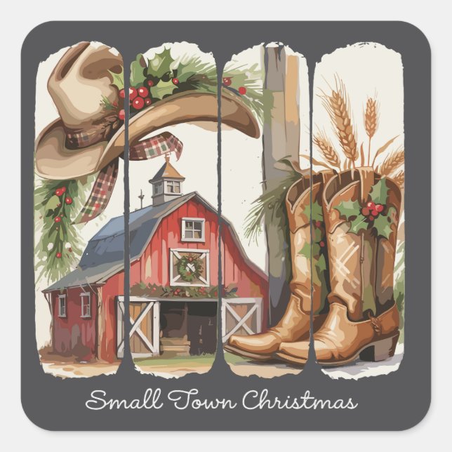 Christmas Small Town Retro Western Cowgirl Boots Square Sticker (Front)