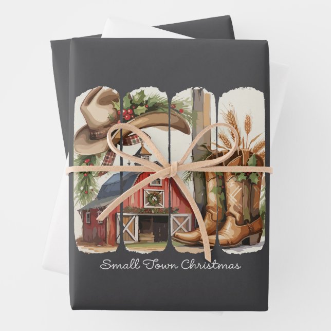 Christmas Small Town Retro Western Cowgirl Boots Wrapping Paper Sheet (In situ)