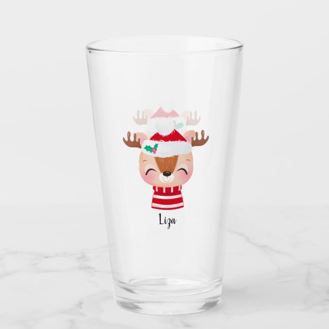Christmas Smiling Reindeer Face Glass (Front)