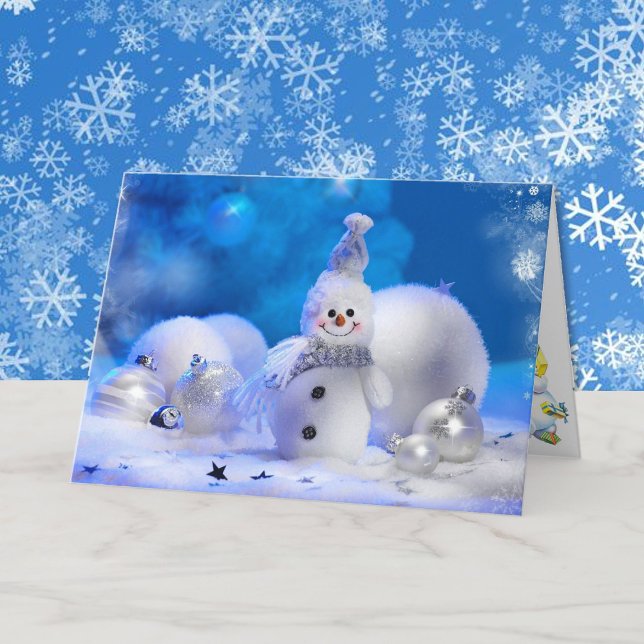 Christmas Smiling Snowman Blue and White Holiday Card (Creator Uploaded)