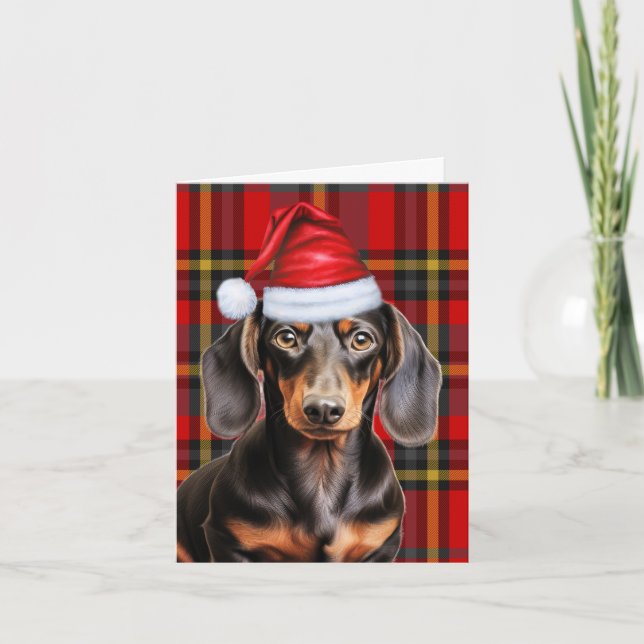 Christmas Smooth Dachshund and Red Plaid Holiday Card (Front)