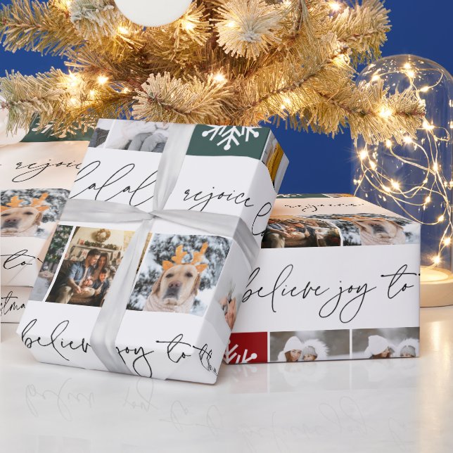 Christmas snow 8 photos grid collage black white wrapping paper (Holidays)