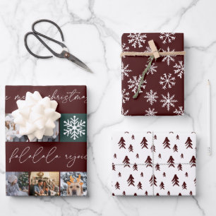 Christmas snow 8 photos grid pine dark red wrapping paper sheet