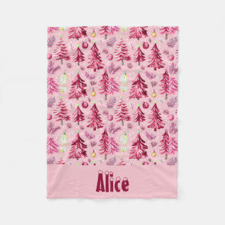 Christmas Snow and Trees Fuchsia & pink with name Fleece Blanket
