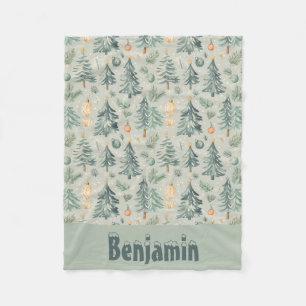 Christmas Snow and Trees moss green with name Fleece Blanket