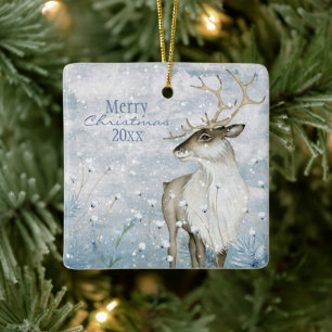 Christmas Snow Animal Deer Typography Personalise Ceramic Ornament
