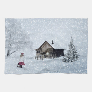 Christmas Snow at the Cabin Tea Towel
