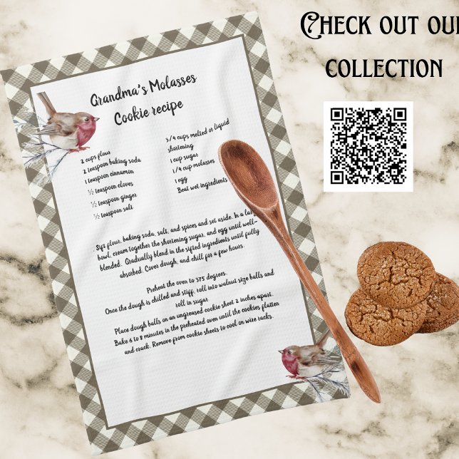 Christmas Snow Bird Recipe Keepsake Beige  Plaid  Tea Towel (Creator Uploaded)