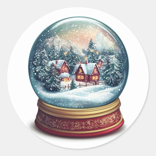 Christmas Snow globe with a tiny village design Classic Round Sticker (Front)