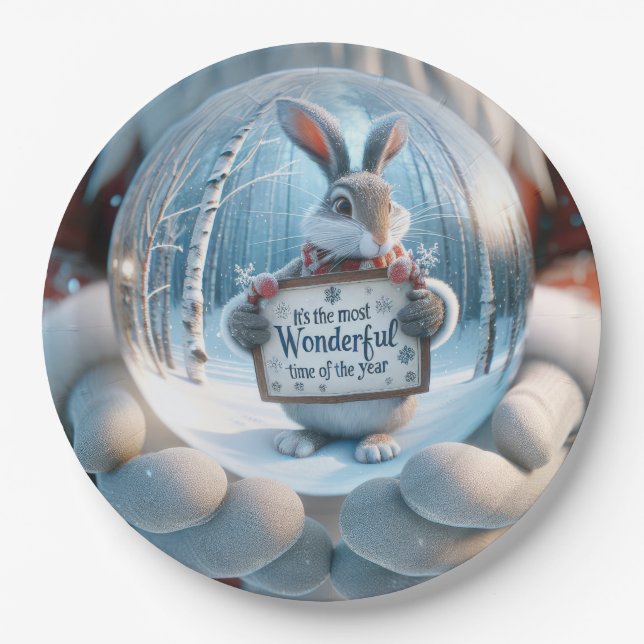 Christmas Snow Globe With Rabbit Paper Plate (Front)