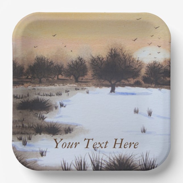 Christmas snow landscape with snow covered trees paper plate (Front)