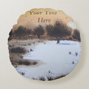 Christmas snow landscape with snow covered trees round cushion