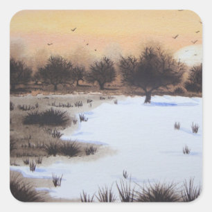 Christmas snow landscape with snow covered trees square sticker