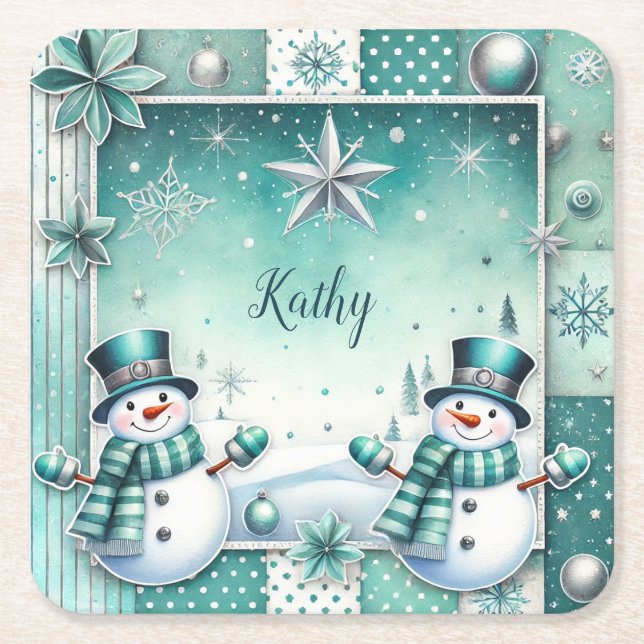 Christmas: snow man turquoise square paper coaster (Front)