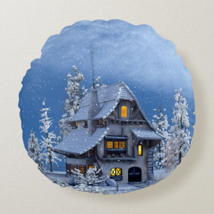 Christmas Snow on Gingerbread House Round Cushion
