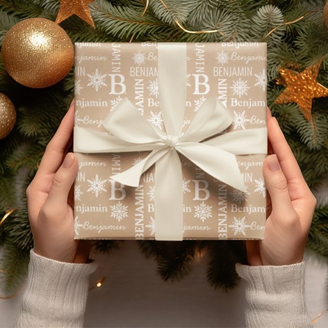 Christmas Snow Repeating Name Personalised Kraft Wrapping Paper (Christmas Snow Repeating Name Personalized Kraft Wrapping Paper)