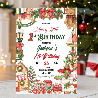 Christmas Snow Theme Merry Little First Birthday Invitation