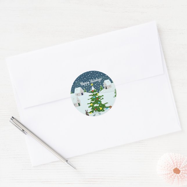 Christmas snow village with christmas tree classic round sticker (Envelope)