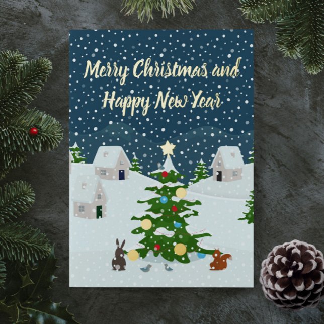 Christmas snow village with christmas tree  foil holiday card (Christmas snow village foil holiday custom card. Personalize it with your photo and text.)