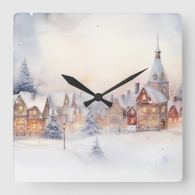Christmas Snow Winter Wonderland Village Landscape Square Wall Clock (Front)