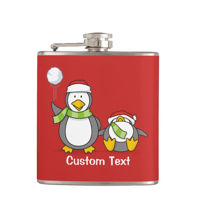 Christmas Snowballing penguins Hip Flask (Front)