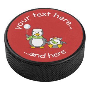 Christmas Snowballing penguins Hockey Puck