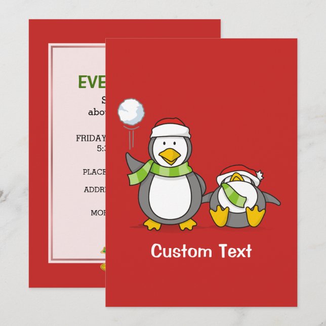 Christmas Snowballing penguins Invitation (Front/Back)