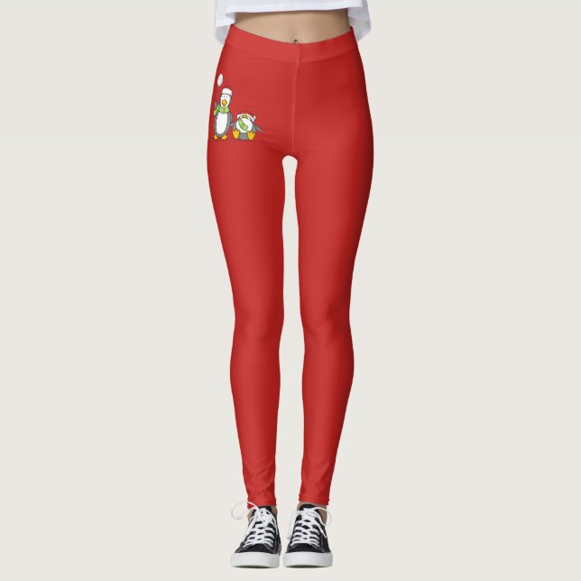 Christmas Snowballing penguins Leggings (Front)